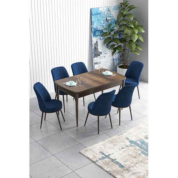 Extendable Dining Table & Chairs Set (7 Pieces) Han - Baroque, Navy Blue