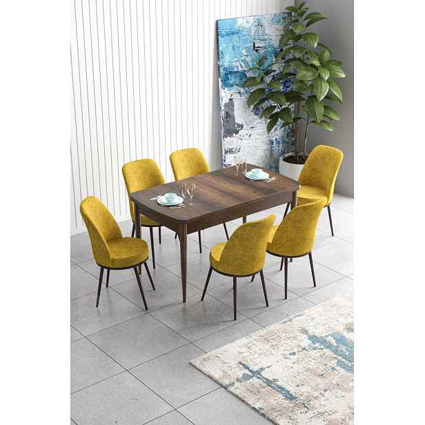 Extendable Dining Table & Chairs Set (7 Pieces) Han - Baroque, Mustard