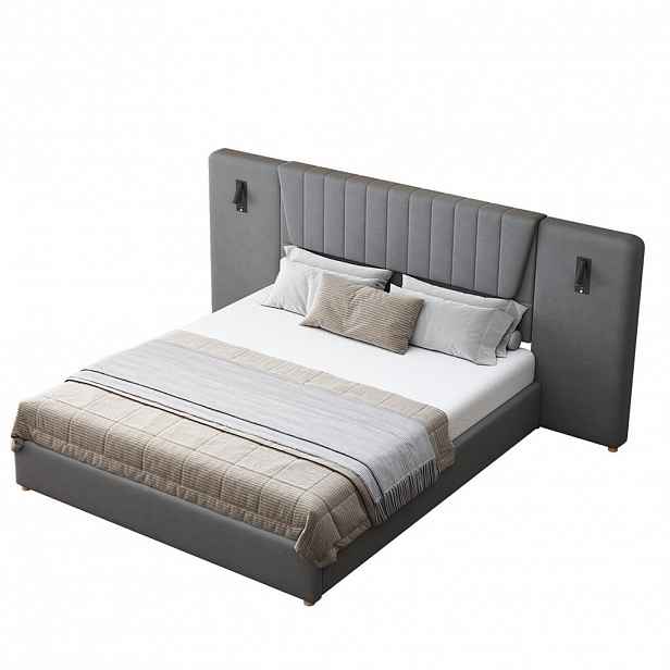 FLIEKS ČALOUNĚNÁ POSTEL, 180×200 cm, sametová, USB, úložný prostor, šedá