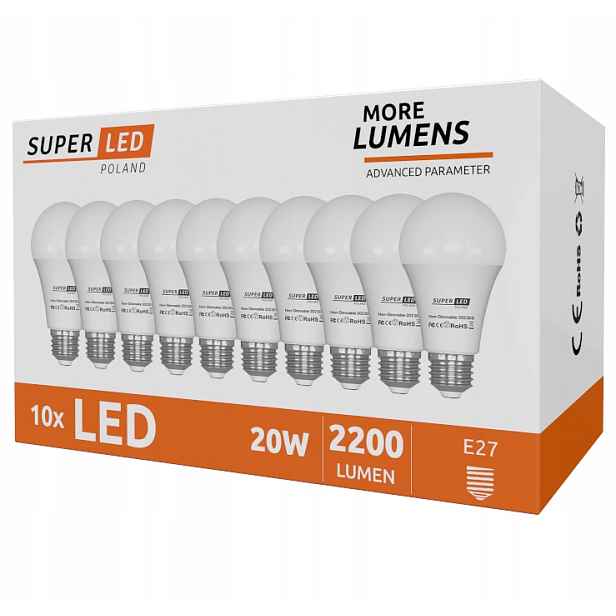 Led žárovka E27 20W 220W 2200lm CCD More Lumens SuperLED teplá bílá