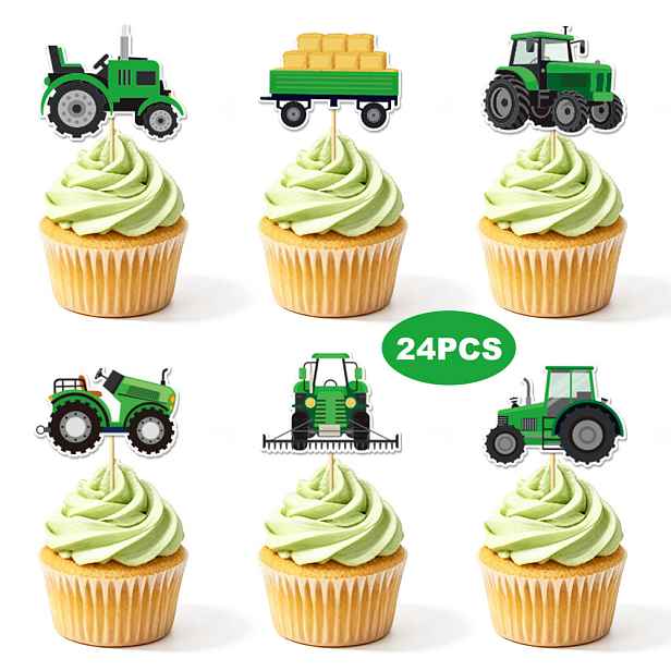 TEMU Sada ozdob na cupcakes s zeleného traktoru a , 24 ks, dekorace na dort pro chlapecké narozeninové oslavy