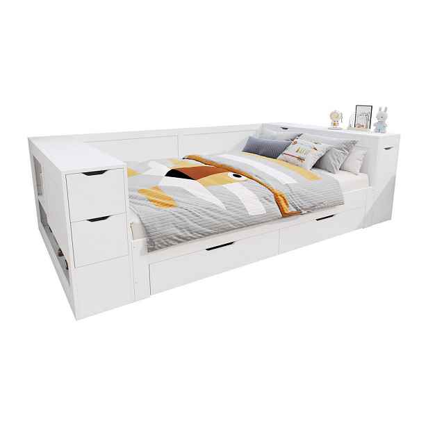 Modenvie DĚTSKÁ postýlka z MDF, 140/200 cm bílá, s úložným prostorem a lamelovým roštem
