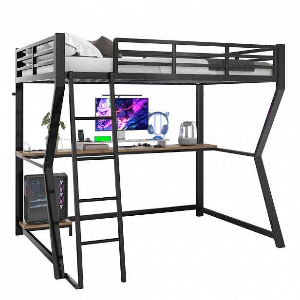 STILVORA PATROVÁ POSTEL 90/200 cm, černá, s LED, psacím stolem, elektrickou zásuvkou a USB