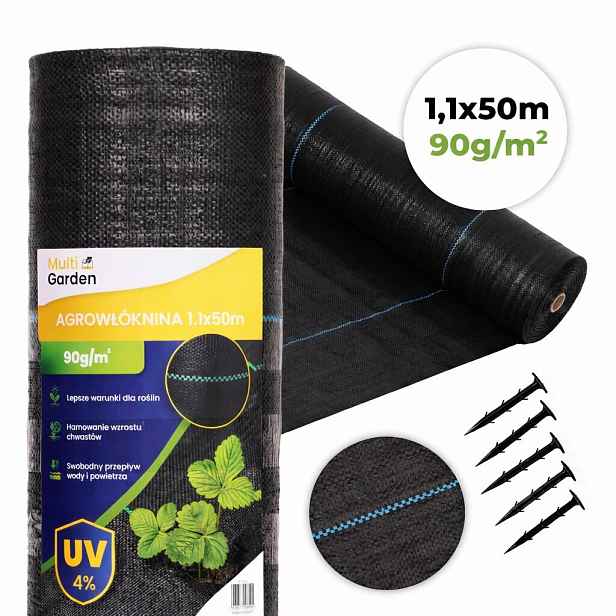 Agrotextilie černá agrotextilie Uv 90g protiplevelová rohož 1,1x50m kolíky Mul