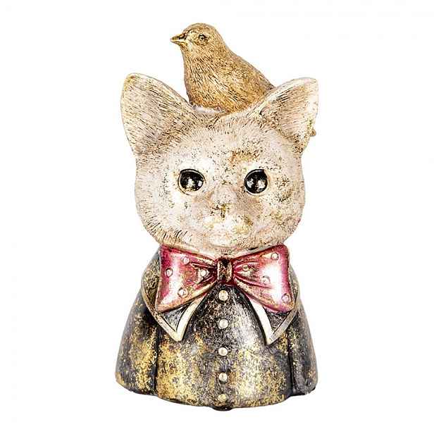 Dekorace socha busta kočka se zlatým ptáčkem - 11*9*18 cm Clayre & Eef