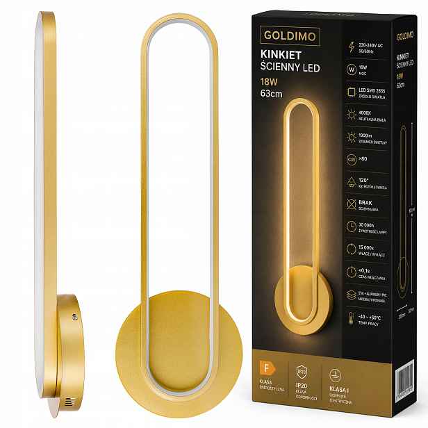 Nástěnné vnitřní Led svítidlo Zlatá lampa do obývacího pokoje 63 cm 18W 4000K 1900lm
