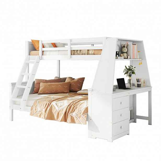 OKWISH PATROVÁ postel 90/200 cm + 140/200 cm bílá se stolkem a velkým úložným prostorem
