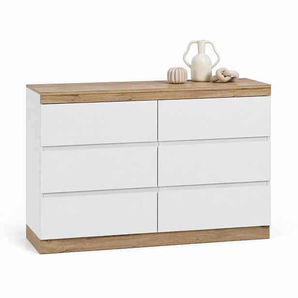 STILVORA KUCHYŇSKÁ SKŘÍŇ bílá a dubová, 6 zásuvek, uzamykatelná přihrádka, do ložnice a obýváku, 110×40×67,5 cm