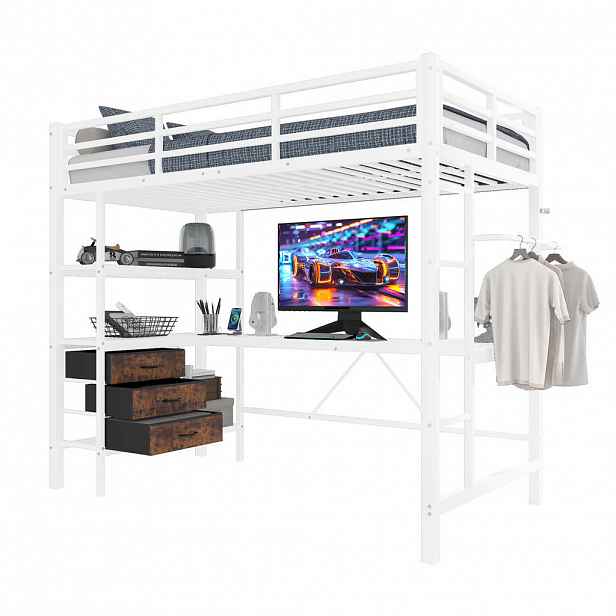 STILVORA PATROVÁ POSTEL 90/200 cm, bílá, s LED, psacím stolem, 3 zásuvkami a USB
