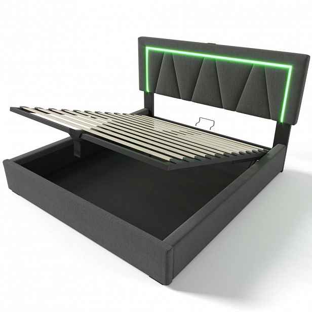 OKWISH ČALOUNĚNÁ postel 160/200 cm šedá z lnu s LED osvětlením, USB-C a úložným prostorem