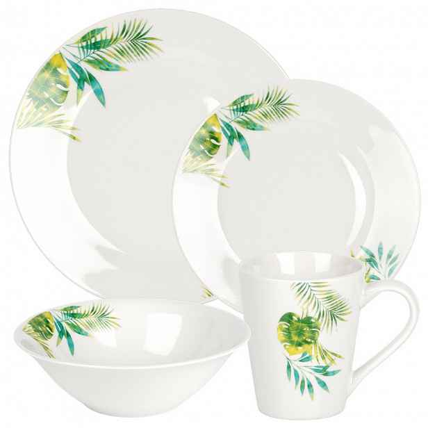 Porcelánová jídelní sada 16 ks pro 4 osoby, bílá, s rostlinným motivem