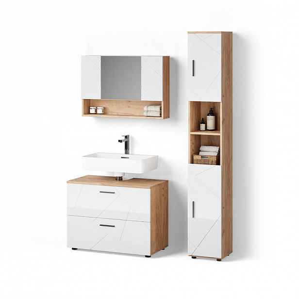 Livinity® KOUPELNOVÝ NÁBYTEK Ronco, Bílá vysoký lesk/Zlatý mocný dub, 3dílná