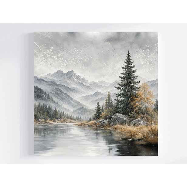 Obraz Na Plátně Plátno Krajina Hory Řeka Les Stromy Balvany Mlha 50x50