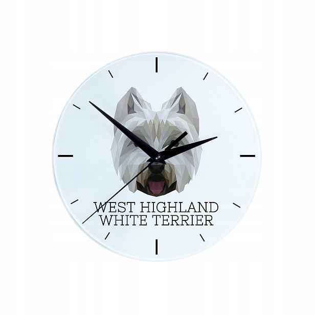 West Highland White Terrier skleněné nástěnné hodiny s geometrickým psem
