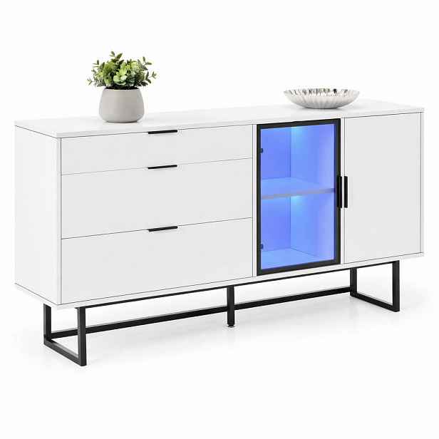STILVORA KUCHYŇSKÁ SKŘÍŇ bílá, 3 zásuvky, skleněná dvířka, LED lišta, do jídelny a obýváku, 160×36×78 cm