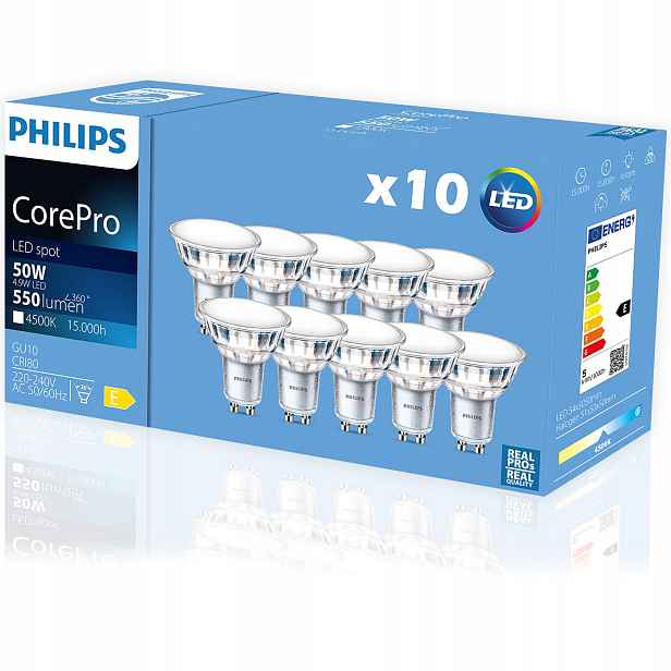 10x Led Žárovka GU10 4,9W 50W 4000K Neutrální bílá 120° 550lm Philips