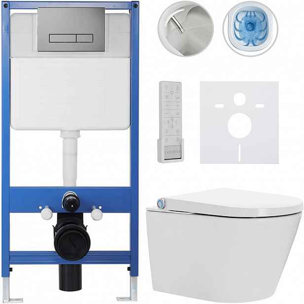 Kompletní WC set Profi/Cronus Premium - bílá lesklá - WC tlačítko Slim/Tmavě šedá - předstěnová instalace - 59,3x38,4 cm