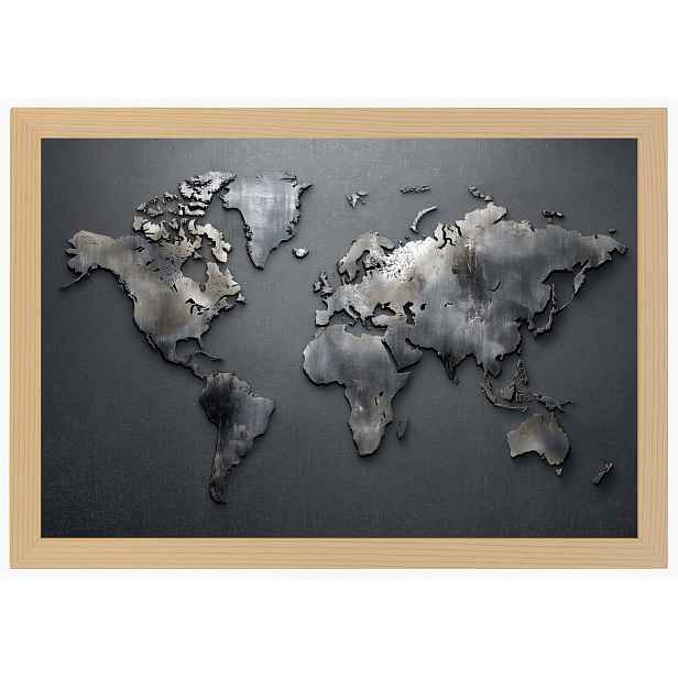 Plakát Rámeček Dřevo Mapa Světa Kovový Šedý Industrial Loft 60x40