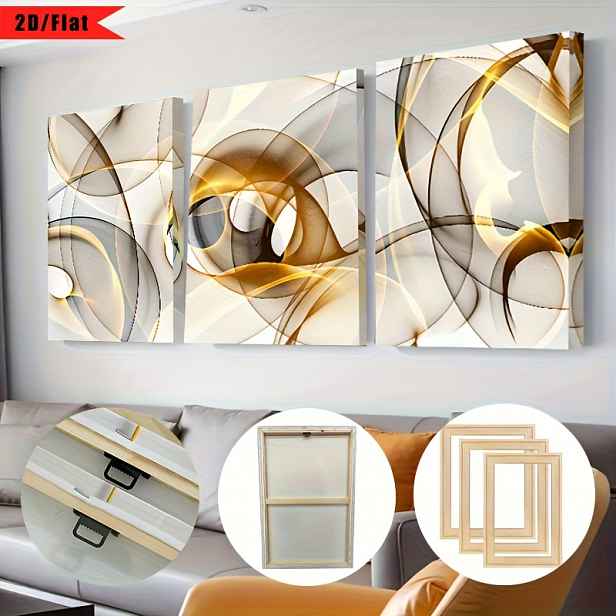 TEMU 2D Plochý, 2D/Plochý, 3 ks, zarámovaný zlatý plátěný nástěnný dekor, nordický luxusní geometrický abstraktní tisk. Moderní designový obraz.