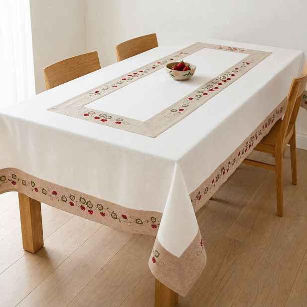 Vyšívaný ubrus 160x260 100% Bavlna Jahody Elegantní styl Boho Rustyk