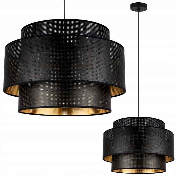 Závěsná Stropní Lampa Lustr Velký Dvojitý Stínítko Černá Zlatá Kulatý