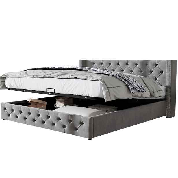 Redom SAMETOVÁ čalouněná postel 160/200 cm s hydraulickým úložným prostorem a Chesterfield prošíváním, Šedá