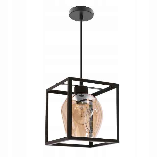 Samostatná závěsná lampa Loftový rám Klec Černá Stínidlo Jantarová