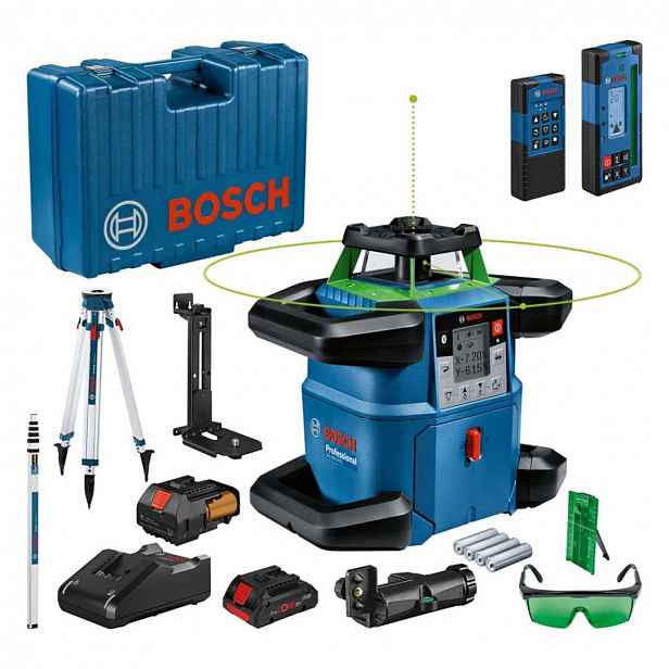 Bosch - 18V AKU rotační laser, dosah 650 m, s přijímačem a příslušenstvím, 1x aku 4,0 Ah, nabíječka 06159940PR