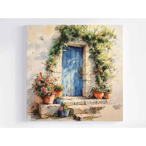 Obraz Na Plátně Canvas Krajina Zeď Stěna Modré Dveře Květiny 50x50