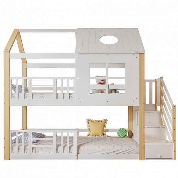 OKWISH PATROVÁ postel 95/200 cm bílá/přírodní z borovice a MDF se schodišťovou skříňkou