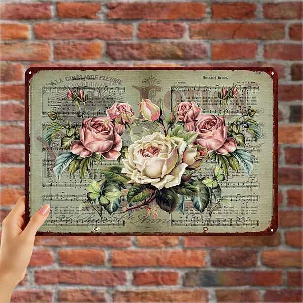 TEMU 2D plochá 1ks, Vintage květinová dekorace na zeď z železa - Elegantní design růží s vintage kalendářovým pozadím 8×12 palců