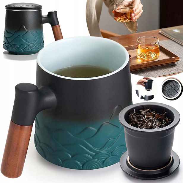 Keramický Hrnek 480 ML Velký Dřevěná Rukojeť S Víkem A Filtrem 14*11 CM