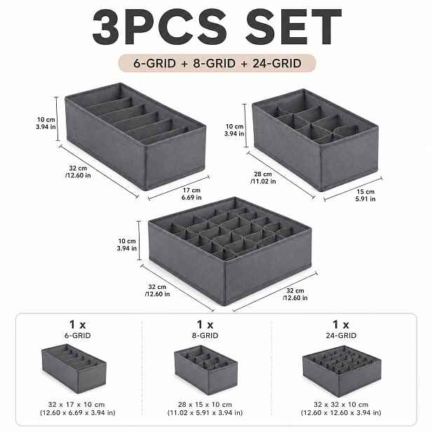 TEMU Sada 3/4 ks organizérů na oblečení s 6/8/24 přihrádkami, vícekomorové úložné boxy se skládací strukturou a prostorově úsporným designem, koše na