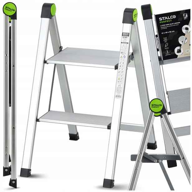 Skládací Žebřík Hliníkový 2 Stupně Žebřík Lehký 150 kg Mini Slim Stalco