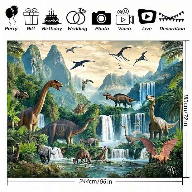 TEMU 2D ploché, 2D ploché - 2D ploché, 2D ploché - 1 ks 2D polyesterových párty bannerů - Dinosaurové krajiny - Perfektní pro domácí dekorace,