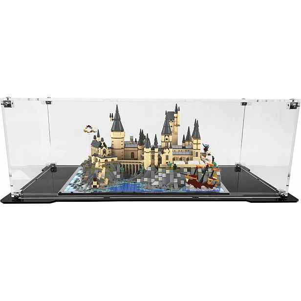 Vitrína s černou základnou pro stavebnici Lego 76419 Zámek Hogwarts a blána