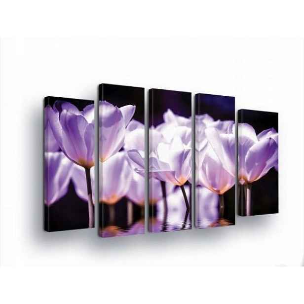 Obraz 150x100 Květiny tulipány fialové bílé odlesky voda jaro klid