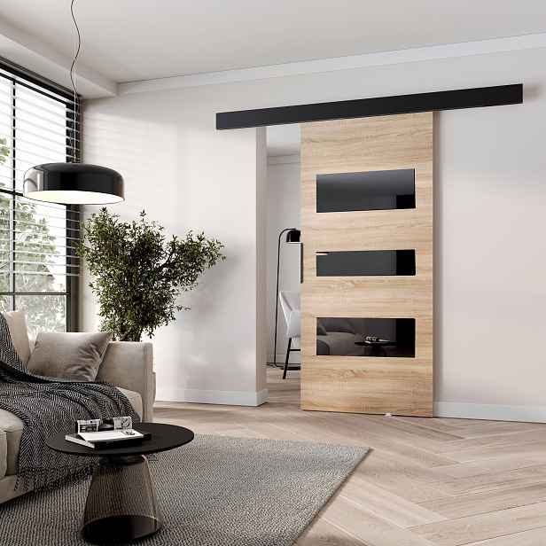 Posuvné dveře na stěnu BARRET 13 - 86 cm, dub sonoma / černé