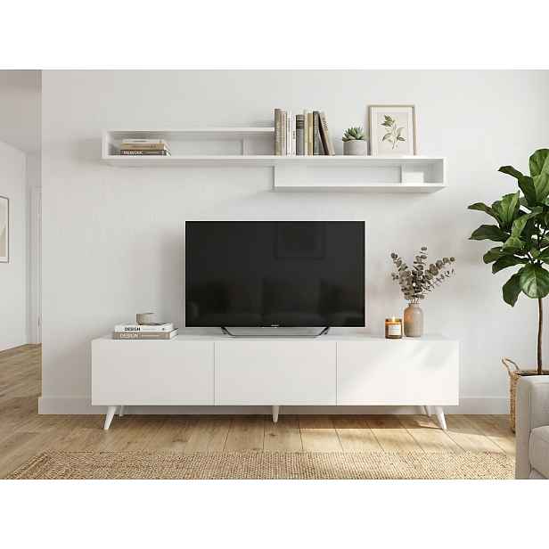 TV stolek MIYA 150 cm s nástěnnou policí, bílý