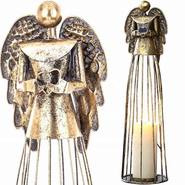 Lampion Figurka Anděl Svícen Dekorace Kovová Zlatá Vánoční 53cm XL