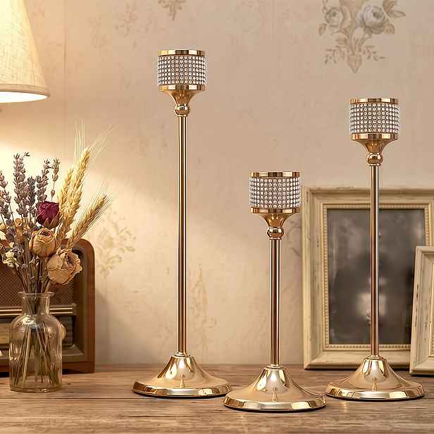 TEMU 3ks Svícny ve stylu lehkého luxusu se zlatými diamantovými vsazbami, vytvářející celkově rafinovanou, elegantní, teplou a sofistikovanou domácí