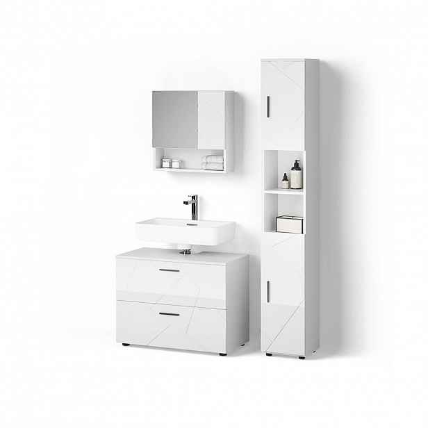 Livinity® SADA NÁBYTKU DO KOUPELNY Ronco, Bílá vysoký lesk, 3dílná