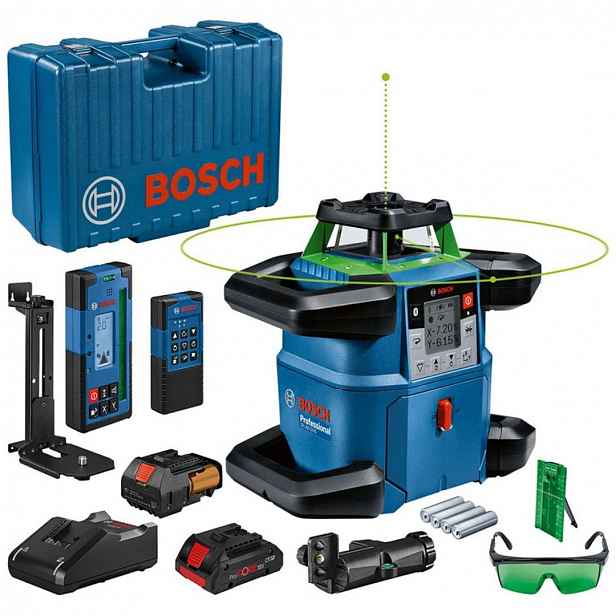 Bosch - 18V AKU rotační laser, dosah 650 m, s přijímačem a příslušenstvím, 1x aku 4,0 Ah, nabíječka 0601061V00