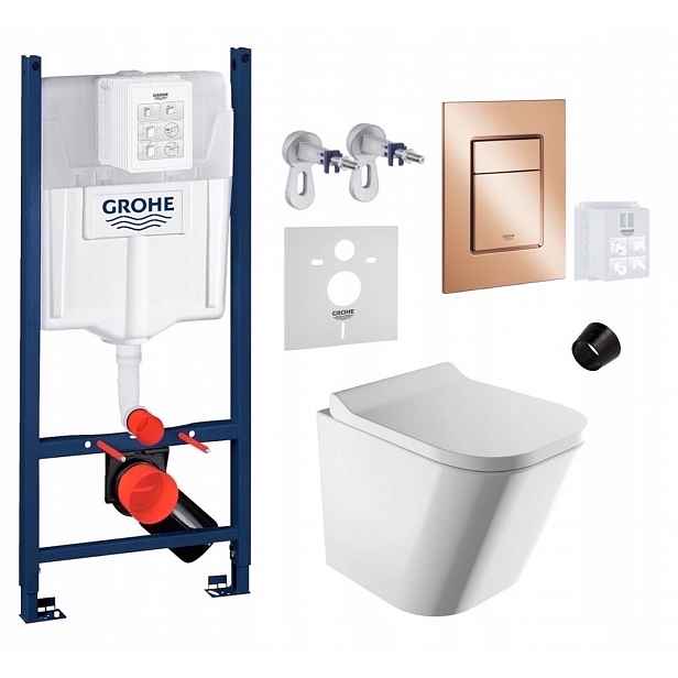 Wc stojan Grohe Rapid s Wc mísou Fontana Rimless a tlačítkem měď lesk