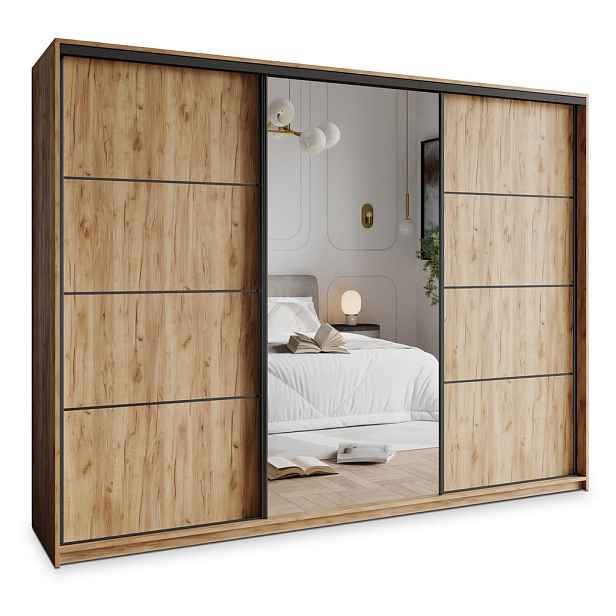 MASSENO ŠATNÍ SKŘÍŇ S POSUVNÝMI DVEŘMI VARO, 250/205/60 cm 3dveřová se zrcadlem a zásuvkami, dub Craft zlatý