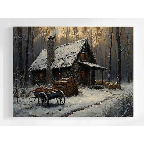 Plakát Pohled Na Dům Chata Les Zima Sníh Seno Dřevo 100x75