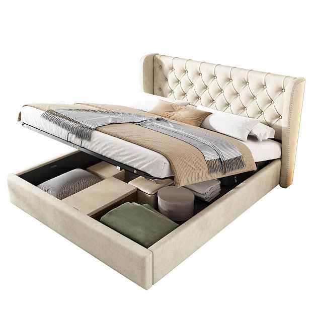 Redom ČALOUNĚNÁ postel 160/200 cm s úložným prostorem, hydraulickým zvedáním a sametovým čelem Chesterfield, Béžová