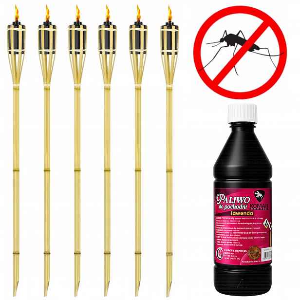 Set: 6x bambusová pochodeň 90 cm olej proti komárům 1L „komár Si Nesedne“