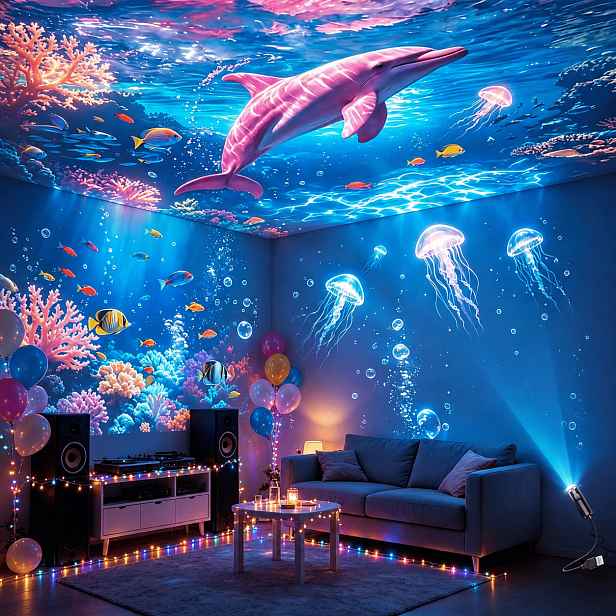 TEMU Přenosná USB projekční lampa s snových mořských tvorů - 360stupňově otočný LED náladový projektor, USB přenosné měkké světlo, noční světlo na