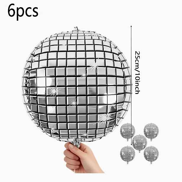 TEMU 6 ks - Stříbrné 4D obří kulaté zrcadlové reflexní balónky, fóliové 4D metalické zrcadlové balónky, narozeninová rozlučka se svobodou, retro
